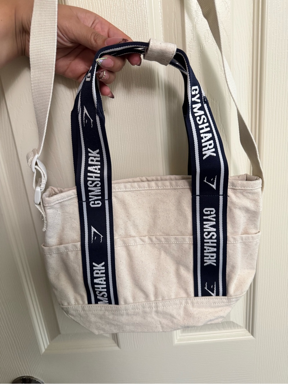 Gymshark Cream Canvas mini Tote with Navy Logo Straps